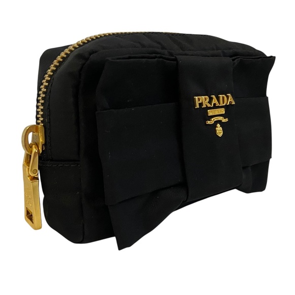 Authentic Prada Bow Pouch Black w/ Gold Hardware Zipper Closure Key Cles Pouch - Picture 3 of 11